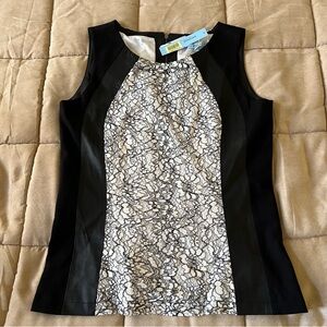 ANTONIO MELANI Sleeveless Viscose & Leather Lace Trim Boatneck Top SZ L